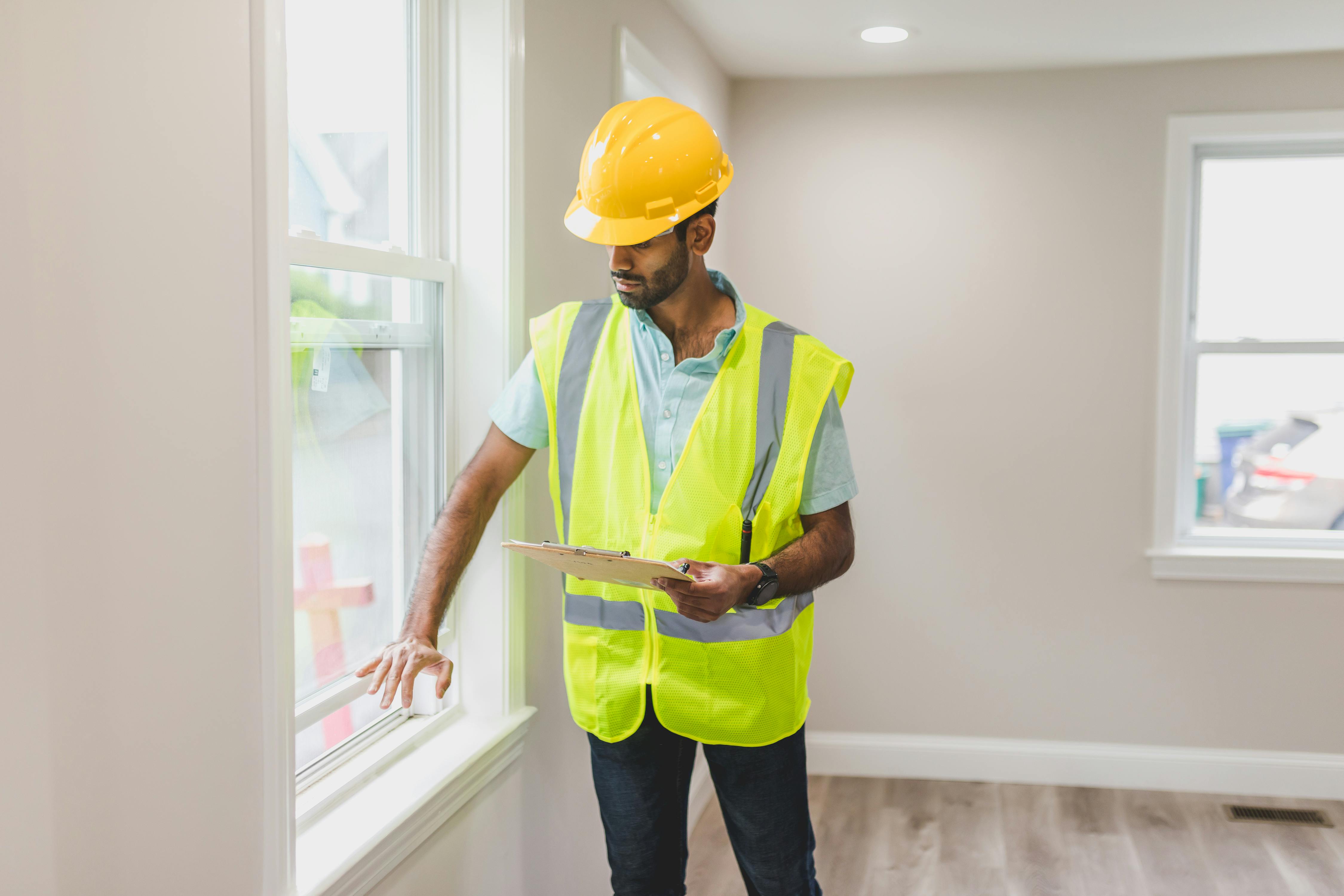Construction professional inspecting a window installation