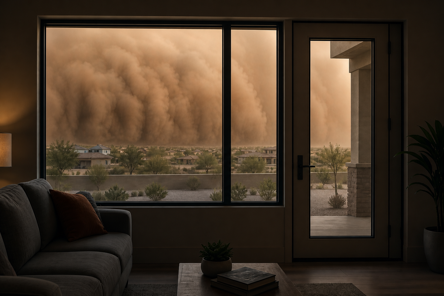 View through a home window at an approaching haboob dust storm